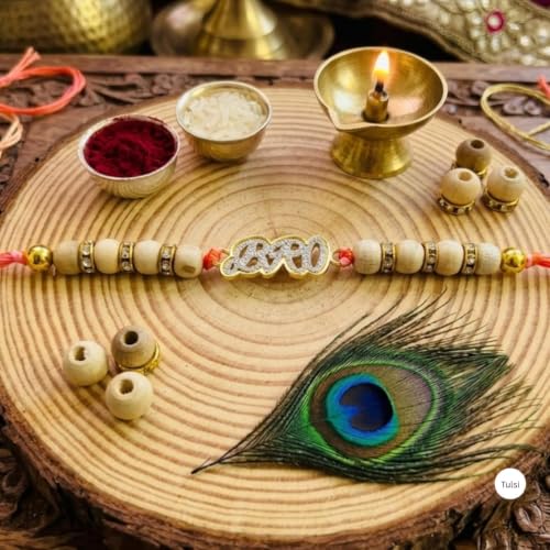 Image of Original Tulsi Rakhi for Brother | Handmade Natural Tulsi Beads Rakhi | Sacred Raksha Bandhan Rakhis for Boys | Traditional Spiritual Rakhi Gift