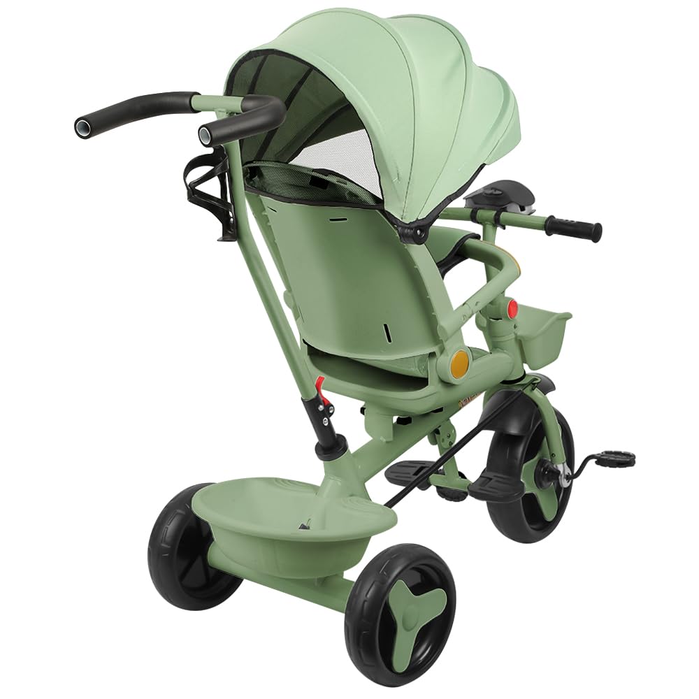 Triciclo bambini fino 25 kg, Passeggino con Maniglione regolabile, Bici, Sedile girevole Fronte Mamma e Strada, Cappottina pieghevole, Ruota libera,100 * 75 * 50 cm - Verde