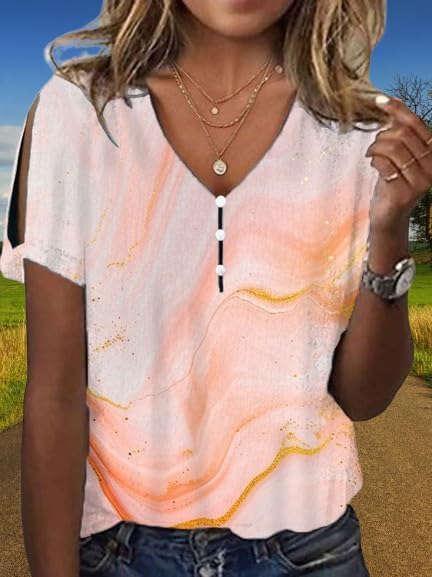 Womens 2024 Summer Marble Printed Tops Casual Short Sleeve Loose Fit Shirts V Neck Button Front Blouse Tops - Image 2