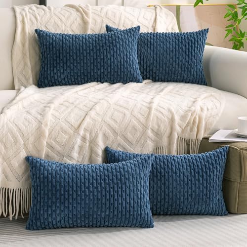 Set of 4 Blue Decorative Throw Pillow Covers 12x20 Inch Corduroy Pillow Covers for Bed Couch Sofa Living Room Soft Cushion Cases