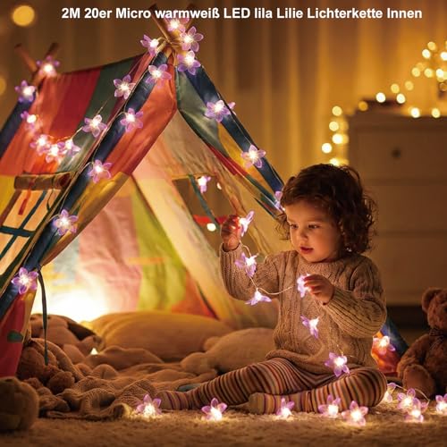 Afaiup LED Lilien lichterkette Blumen, 2M 20er Micro warmweiß LED Blumen Lichterkette Innen,Batteriebetrieben mit Timer, blumen girlande für room decor, Frühling Deko, Innen, Garten, Bäume, fake