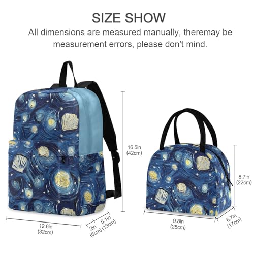 Painting Seashells Print Backpack Set with Lunch Bag, Large Capacity Travel Backpacks and Lunch Box Insulated for Commute Hiking Picnic2