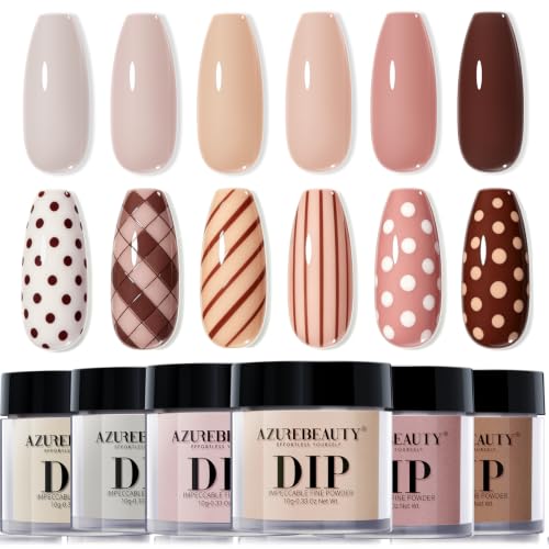 AzureBeauty Dip Powder Nail Set Nude Brown 6 Colors Skin Tones Natural Dipping Powder French Nail Art Starter Manicure Salon DIY at Home