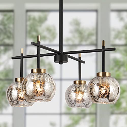 Durent Lighting Black Gold Chandeliers, 4-Light Modern Mercury Globe Glass Shades Light Fixture for Dining Room, Living Room, Bedroom, Kitchen Island, Foyer, Entryway