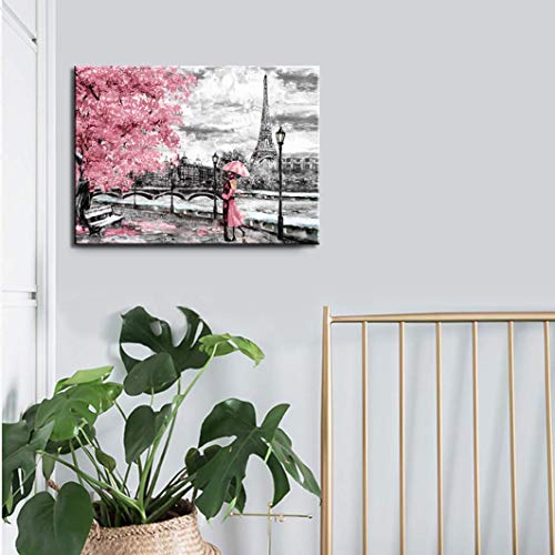 Canvas Wall Art Black White And Pink Umbrella Couple In Street Eiffel Tower Oil Painting Printed On Canvas Romantic Picture Framed Artwork Prints For Walls Decor #TOP1
