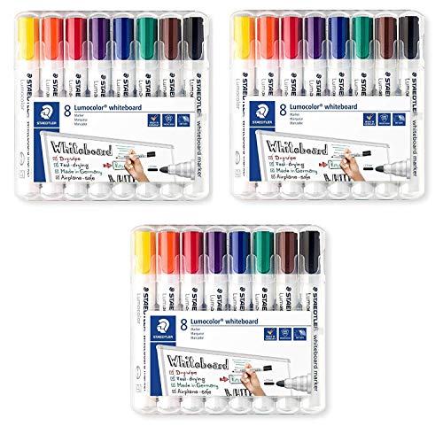 Staedtler Lumocolor 351 WP8 Whiteboardmarker, Rundspitze, 2 mm, 8 Farben (3 Packungen)