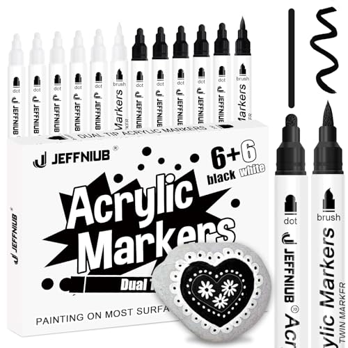 JEFFNIUB Lot de 12 stylos acryliques noirs et blancs imperméables pour pierres, pinceaux étanches, double pointe en acrylique pour bois, métal, verre, tissu