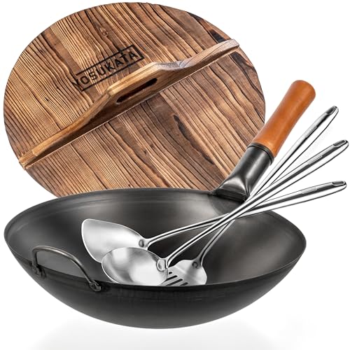 Image of YOSUKATA Carbon Steel Wok Pan Round Bottom 14 in + Wooden Wok Lid 14 in with Ergonomic Handle + 17" Spatula and Ladle and Turner