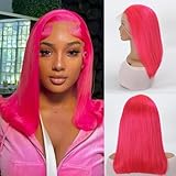 SEXAY Pink 13x4 HD Lace Front Bob Wigs 12Inch Brazilian Virgin Human Hair Hot Pink with Boby Hair Wig Pre Plucked Natural Hairline Transparent Lace Pink Front Bob for Women (12Inch)