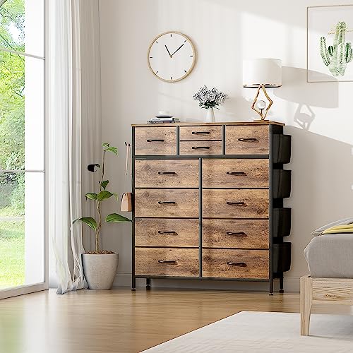 Lulive Dresser for Bedroom with 12 Drawers, Tall Dresser Chest of Drawers with Side Pockets and Hooks, Fabric Dresser Storage Tower for Closet, Hallway, Living Room (Rustic Brown) - Thumbnail 6