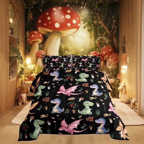 Vintage Dragon Comforter Toddler for Kids Adults Youth,Cartoon Dino Dragon Jungle Wildlife Quilt Comforter Room DecorRetro Mushroom Wild Fern Plants Quilted Duvet Duvet Insert,1 Pillowcase