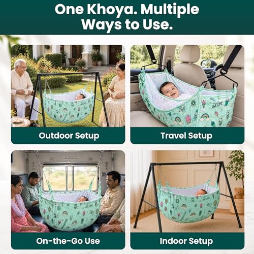 Image of Baby Cradle Khoya Cloth Poly Cotton Jhula Palna Fabric | For Newborn 0-3 Years, Breathable Hammock, Mosquito Net & Zipper, Washable Baby Swing, Up to 15 kg