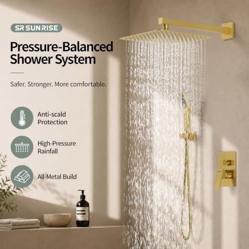 Image of SR SUN RISE Shower Faucet Set 12-Inch Rainfall Shower Head Brushed Gold