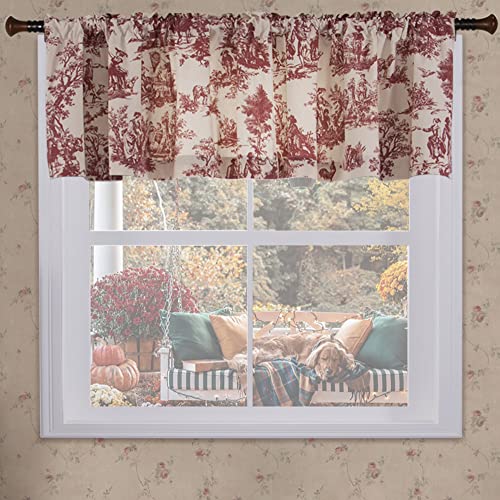 Red and Cream Beige Valance Curtains for Kitchen Windows,Country Farmhouse Style Vintage Toile de Jouy Printed Pattern on White Cotton Fabric Floral Valances for Living Room Bedroom,18 Inch Length
