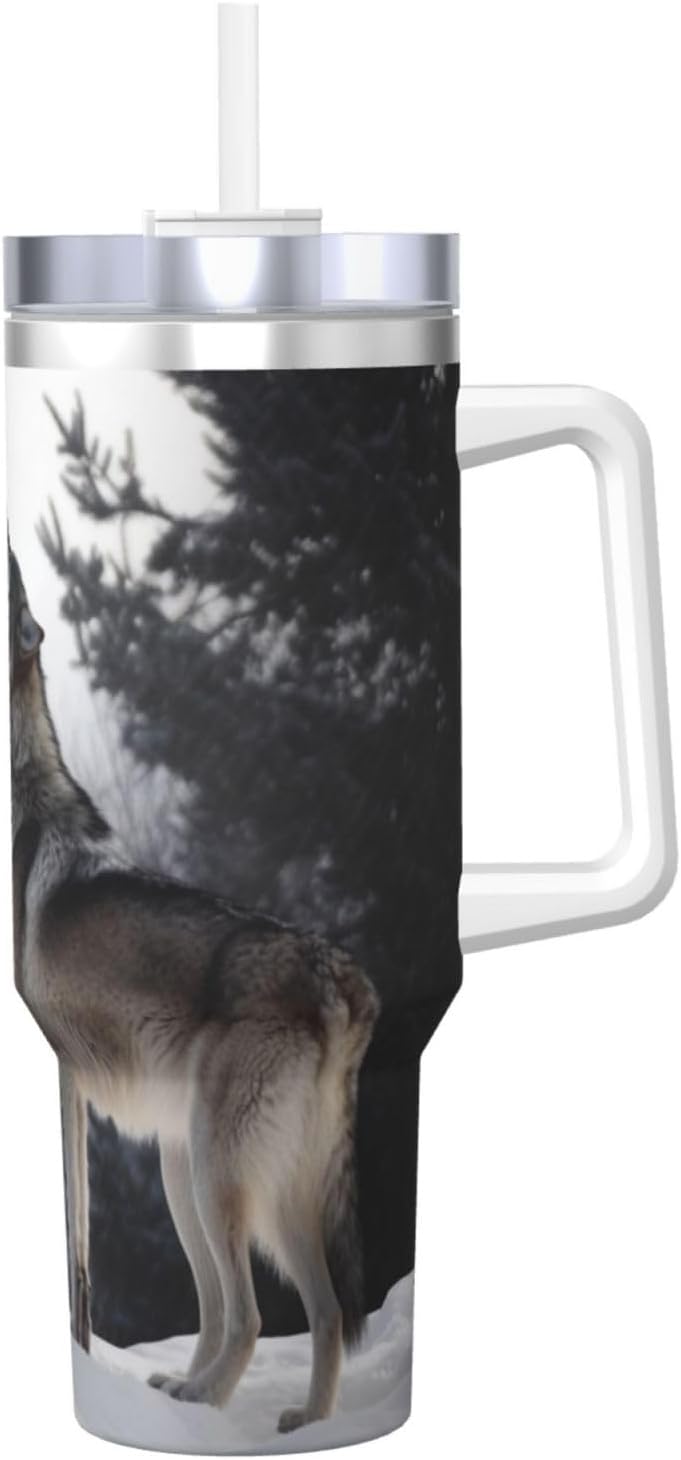 LKWSCGHM 40 oz Stainless Steel Tumbler with Handle and Straw, howling wolf Car Cup Insulated Water Bottle Personalized Ice Bully Cup Hot/Cold Travel Coffee Mug Gifts, Cupholder Friendly