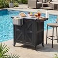 Outdoor Grill Cart with Stainless Steel Top, Outdoor Kitchen Island BBQ Prep Table, 2-Tier Storage Cabinet, Rolling Utility Station with Hanging Trash Bin, Wheels, Side Shelf for Patio, Yard, Picnic