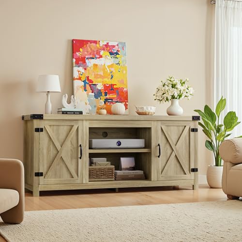 YESHOMY Modern Farmhouse TV Stand with Two Barn Doors and Storage Cabinets for Televisions up to 65+ Inch,Entertainment Center Console Table,Media Furniture for Living Room,Yellow Oak