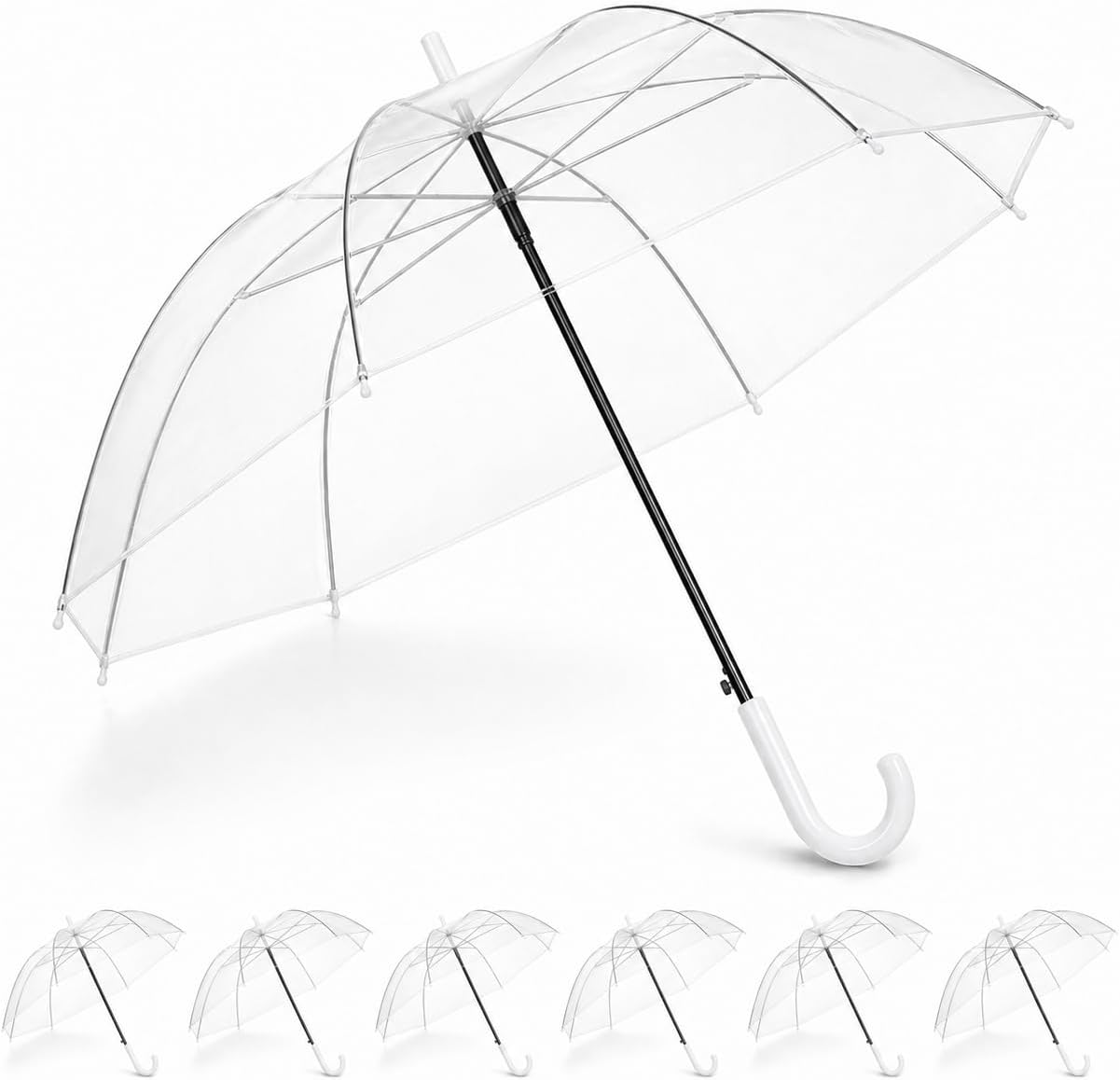 Clear Bubble Umbrellas Bulk (Pack of 6 / 12) – Large Transparent Windproof Stick Umbrella with White J-Handle – Heavy Duty Auto Open Dome Rain Umbrella for Wedding, Party, Graduation & Events