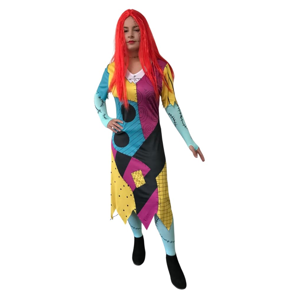 SoWest Women’s Halloween Fancy Dress Costume – Patchwork Dress, Fingerless Gloves & Overknee Socks Set | Cosplay Outfit for Themed Parties & World Book Day (Wig Not Included) - XL