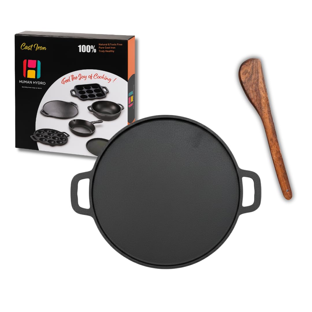 Pre-Seasoned Feather-Light Cast Iron Dosa Tawa/Chilla/Omelette Pan with Wooden Spatula | 30cm, 2.4kg | Induction Friendly, Naturally Nonstick, Toxin-Free & No Chemical Coating