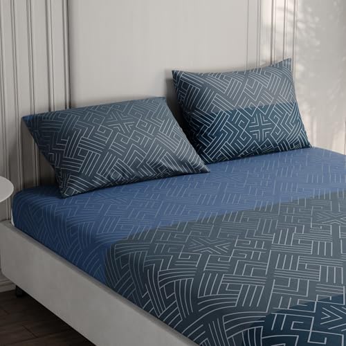Image of BLISSHOME Everlast 150TC King Size Fitted Bedsheet with 2 Pillow Covers, Aesthetic Bedding, Wrinkle Resistant, 100+ Wash Durable, Quick Dry, Geometric Pattern - Teal (183cm x 198cm + 25cm Drop)