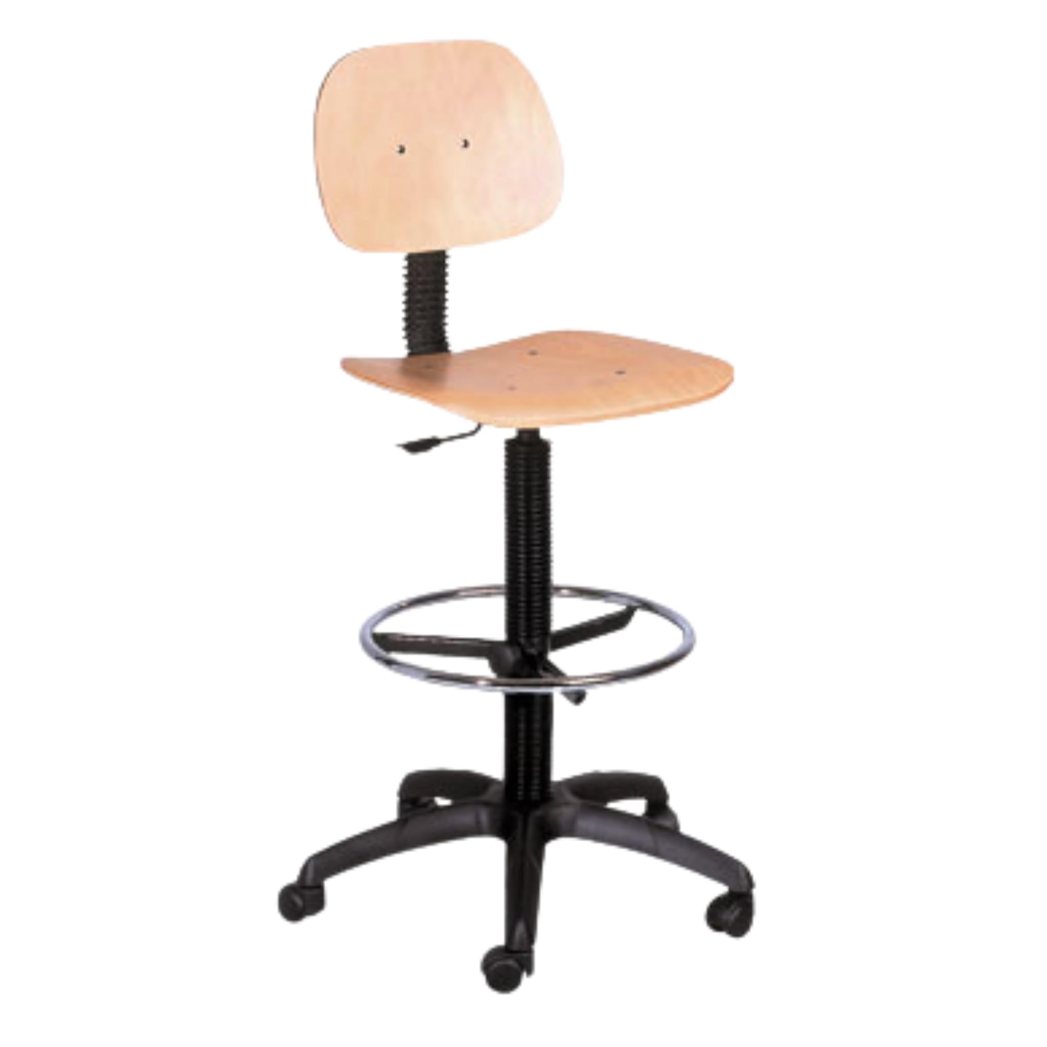 Topsit Silla de trabajo IND104 de madera, haya lacada clara, asiento regulable sin niveles con elevador superior, anillo de pie cromado y base de plástico en cruz