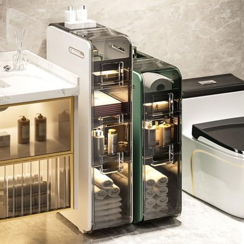 Slim Bathroom Storage Cabinet with Wheels, Freestanding Toilet Organizer, Waterproof Plastic Drawer Shelves, Large Capacity Tissue Box Holder (96x22x41cm)