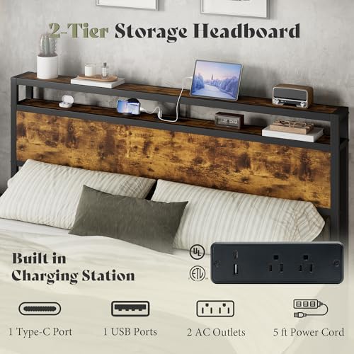 Image of AMERLIFE King Size Bed Frame with Storage Headboard & Charging Station, Industrial Metal Platform Bed with Large Under-Bed Storage, Heavy Duty Slats, No Box Spring Needed, Dark Brown