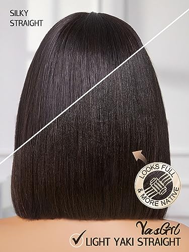Yasgrl 14" Light Yaki Straight Human Hair Bob Wig With Bangs Realistic Look Hd Lace Glueless Wigs Blunt Cut Short Black Bob Wigs With Bangs 100% Brazilian Human Virgin Hair Wigs 180 Density #TOP1