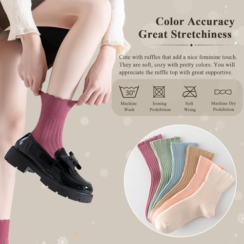 Womens Crew Socks,Ruffle Top,over Ankle,Ultra Soft,Multicolor Cute Cotton Breathable Lettuce Frilly Casual Socks 6 Pack3