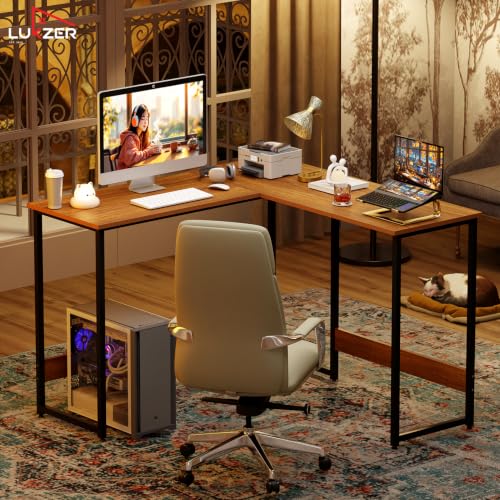Image of Lukzer L-Shaped Corner Study Desk Engineered Wood Computer Laptop Table for Home or Office | MST-007 /Black & Oak Brown | Multi-Functional Gaming Station and WFH Desk with Metal Frame
