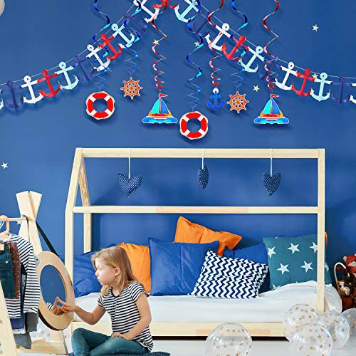WILLBOND 18 Pieces Nautical Birthday Party Decorations, Includes Nautical Garland Nautical Party Themed Hanging Banner and Nautical Hanging Swirl Supplies for First Birthday Boy Party Baby Shower
