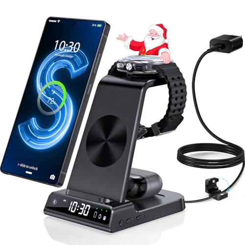 Wireless Charger for Samsung Charging Station with Clock for Samsung Galaxy S25 Ultra/S24 Ultra/Z Flip 7/Z Fold6/Bud, 3 in 1 Android Charging Station, Watch Charger for Samsung Galaxy Watch 8/7/6/5Pro