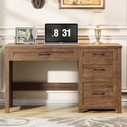 Image of Farmhouse 47 inch Executive Desk, Computer Desk with File Drawer and Charging Station, Workstation for Home Office, Study,Red-Brown