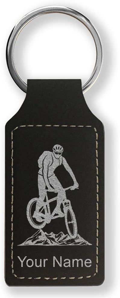 LaserGram Rectangle Keychain, Mountain Bike, Personalized Engraving Included (Black with Silver)