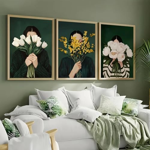 Décoration murale pour salon affiche florale vert émeraude style japonais