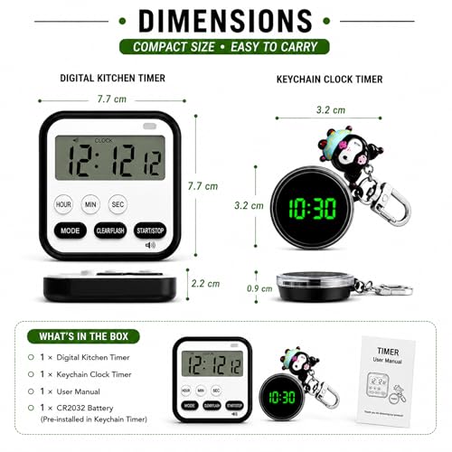 Image of 2 Timer Combo - Digital Kitchen Timer with Portable Keychain Clock, Large LCD Display, Countdown & Stopwatch Timer for Cooking, Study, Gym & Travel