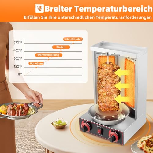 GCIUEMMH 2 Brenner Gas Edelstahl Gas Döner - 3KW Multigrill mit Zwei Heizrohre Edelstahl Gas Döner Kebab Maschine 360° Rotation Rotissiere Hähnchengrill 50°~300°C Temperatur Einstellbar Dönergrill – Bild 7