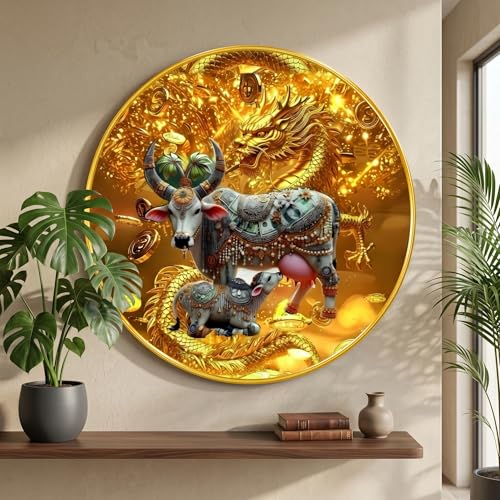 Image of SAF Kamdhenu Cow Wealth Painting with Golden Dragon Round PVC Frame Spiritual Feng Shui Wall Decor for Home Living Room Office Prosperity Luck Artwork (16 x 16 Inch) GRM-381