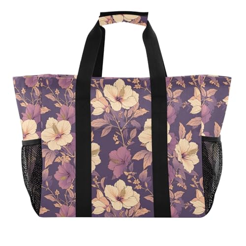 linqin Hibiscus Florals Utility Bag for Trunk Canvas Collapsable Reusable Bags for Groceries Water Resistant for Car