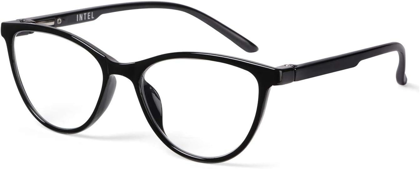 Intellilens | Zero Power Blue Cut Computer Glasses | Anti Glare, Lightweight & Blocks Harmful Rays | UV Protection Specs | For Men & Women | Black | Cateye | Medium
