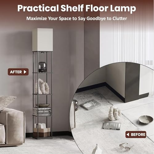 Image of HOMIFLY 5 Tier Metal Floor Lamp with Wooden Shelves /Square Lamp with 3 Adjustable Color Mode /Corner Display Book & Vase Shelf /Standing Night Lamps for Living-Study Room /Home Decor /Bedroom(Black)