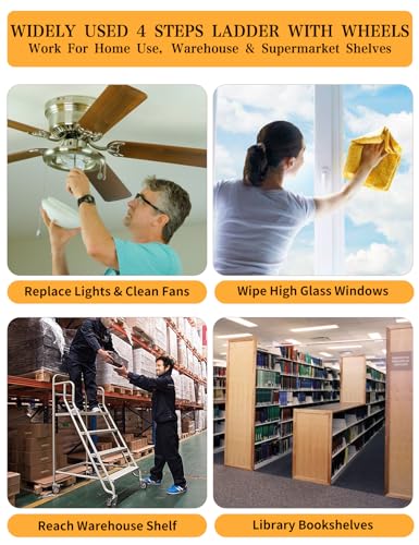 4 steps ladder with Wheels, Industrial & warehouse step ladder, Rolling Steps ladder with vinyl stair Edge protector, 23.6IN wide, 39.4IN top step height, 445LBs capacity.