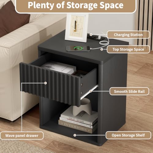Image of Fluted Black Nightstands Set of 2 w /Charging Station, Wooden End Table Bed Side Table with Curved Drawer, Mid Century Modern Fluted Night Stand with Rounded Edge for Bedroom, Living Room