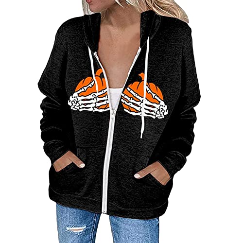 Damen Jogginghose Damen Freizeitjacke Lose Reißverschluss Kapuze Kordelzug Jacke Halloween Print Einfarbig Tasche Reißverschluss Sweatshirt Jacke Leder Mantel Damen Kurz Cover