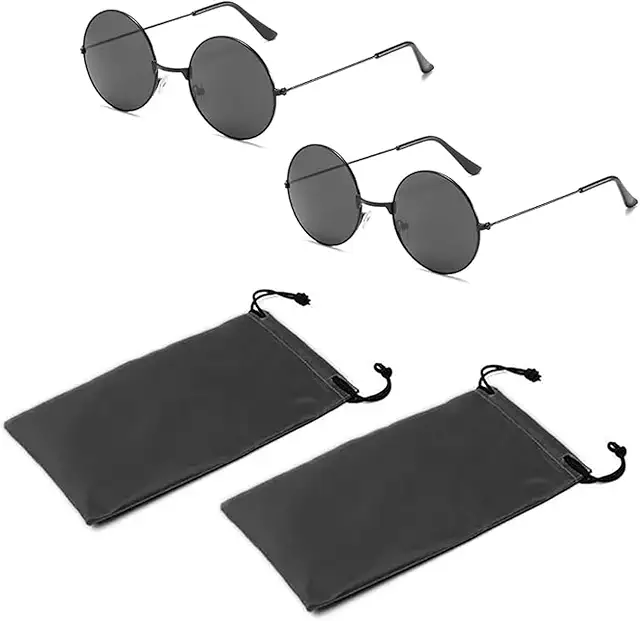 Runda glasögon: 2 par svarta retro solglasögon med grå linser och väska