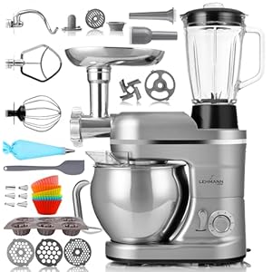 Lehmann Multifunctionele keukenmachine 3 in 1, 3000 W, kneed- en roermachine met vleesmolen en 1,5L sapcentrifuge, met planetaire systeem, incl. worstset, muffinvormpjes en bakset