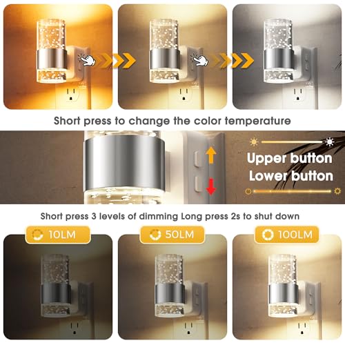 Image of L LOHAS LED Night Lights Plug into Wall 2 Pack, Dimmable Night Light with Dusk-to-Dawn Sensor, Soft White /Cool White /Amber 3 Color Light, Adjustable Brightness, Rotatable Plug, Bubble Nightlight