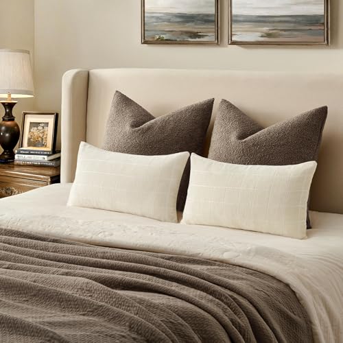Image of MIULEE Cream Plaid Decorative Throw Pillow Covers 12x20 Set of 2 | Vintage Check Chenille Couch Pillows Neutral Boho Farmhouse Cushion Covers Modern Home Decor for Sofa Bed Living Room