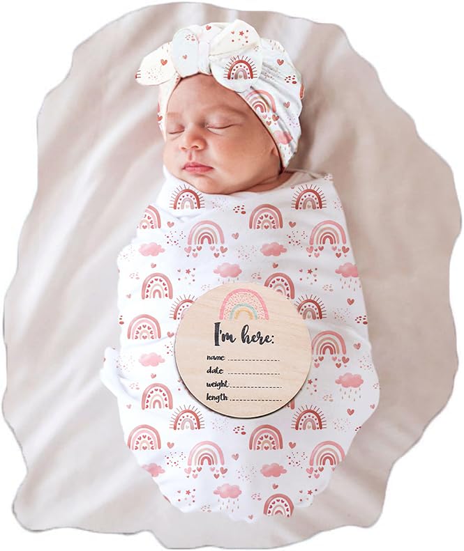 Image of Ylsteed Baby Swaddle Blanket and Headband Set, Newborn Receiving Blanket Swaddle Wrap for Girls and Boys, Swaddling Blankets Neutral for Newborn，Soft and Skin-Friendly 32 * 32 inches (Rainbow)